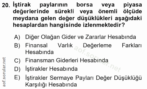 20. soru: İştirak paylarının borsa veya piyasa değerlerinde sürekli veya önemli ölçüde meydana gelen değer düşüklükleri aşağıda…