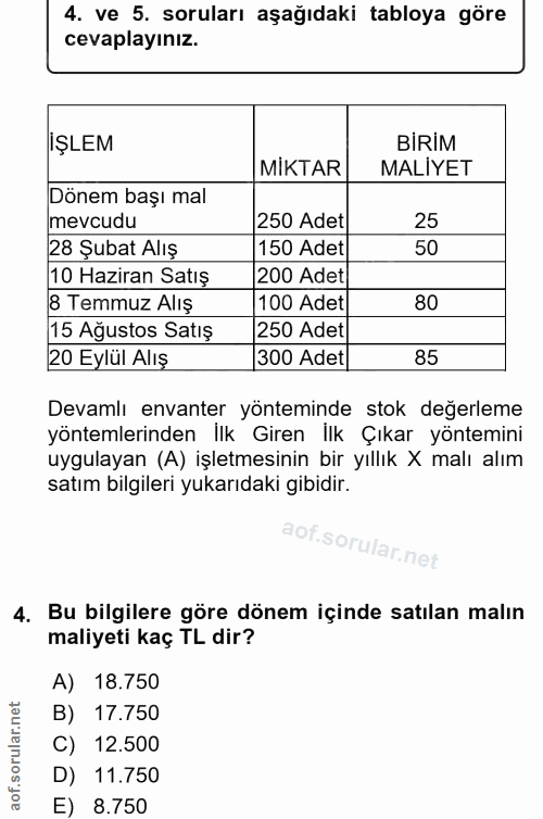 4. soru: ve 5. soruları aşağıdaki tabloya göre cevaplayınız. iŞLEM BiRiM MİKTAR MALİYET Dönem başı mal mevcudu 250 Adet 25 28…