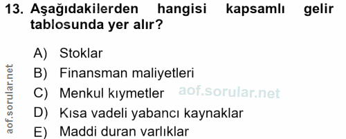 13. soru: Aşağıdakilerden hangisi kapsamli gelir tablosunda yer alır? A) Stoklar B) Finansman maliyetleri C) Menkul kıymetler D…