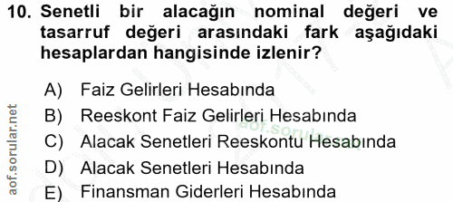 10. soru: Senetli bir alacağın nominal değeri ve tasarruf değeri arasındaki fark aşağıdaki hesaplardan hangisinde izlenir? A) F…