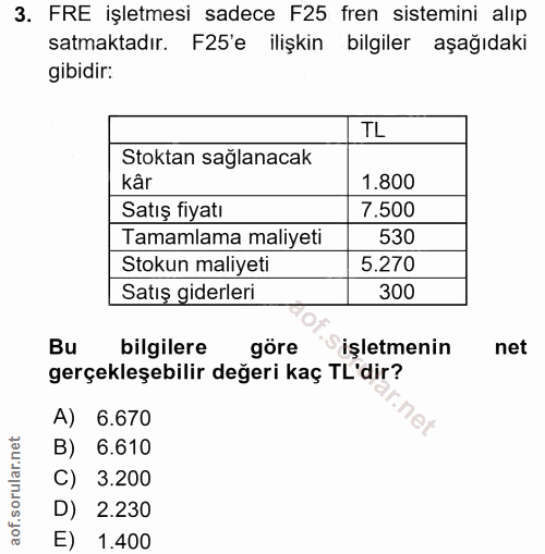 3. soru: FRE işletmesi sadece F25 fren sistemini alıp satmaktadır. F25'e ilişkin bilgiler aşağıdaki gibidir: TL Stoktan sağlan…