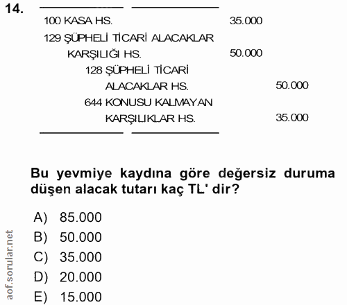 14. soru: 100 KASA HS. 35.000 129 ŞÜPHELI TİCARİ ALACAKLAR KARŞILIĞI HS. 50.000 128 ŞÜPHELİ TİCARİ ALACAKLAR HS. 50.000 644 KON…