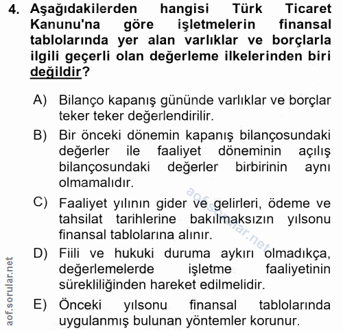 4. soru: Aşağıdakilerden hangisi Türk Ticaret Kanunu'na göre işletmelerin finansal tablolarında yer alan varlıklar ve borçlarl…