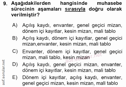 9. soru: Aşağıdakilerden hangisinde muhasebe sürecinin aşamaları sırasıyla doğru olarak verilmiştir? A) Açılış kaydı, envanter…