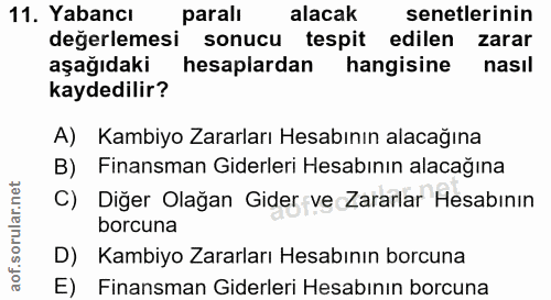 11. soru: Yabancı parali alacak senetlerinin değerlemesi sonucu tespit edilen zarar aşağıdaki hesaplardan hangisine nasıl kayde…