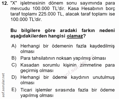 12. soru: "X" işletmesinin dönem sonu sayımında para mevcudu 100.000 TL'dir. Kasa Hesabının borç taraf toplamı 225.000 TL, alac…
