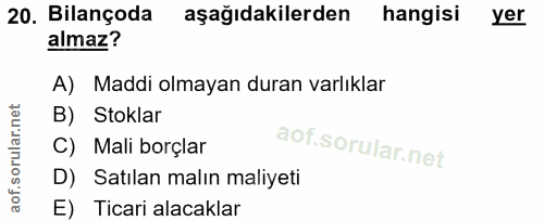20. soru: Bilançoda aşağıdakilerden hangisi yer almaz? A) Maddi olmayan duran varlıklar B) Stoklar C) Mali borçlar D) Satılan m…
