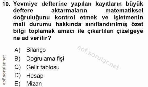 10. soru: Yevmiye defterine yapılan kayıtların büyük deftere aktarmaların matematiksel doğruluğunu kontrol etmek ve işletmenin…