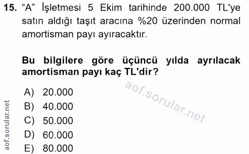 15. soru: "A" İşletmesi 5 Ekim tarihinde 200.000 TL'ye satın aldığı taşıt aracına %20 üzerinden normal amortisman payı ayıracak…