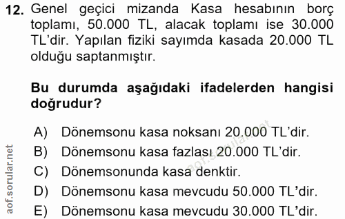 12. soru: Genel geçici mizanda Kasa hesabının borç toplamı, 50.000 TL, alacak toplamı ise 30.000 TL'dir. Yapılan fiziki sayımda…