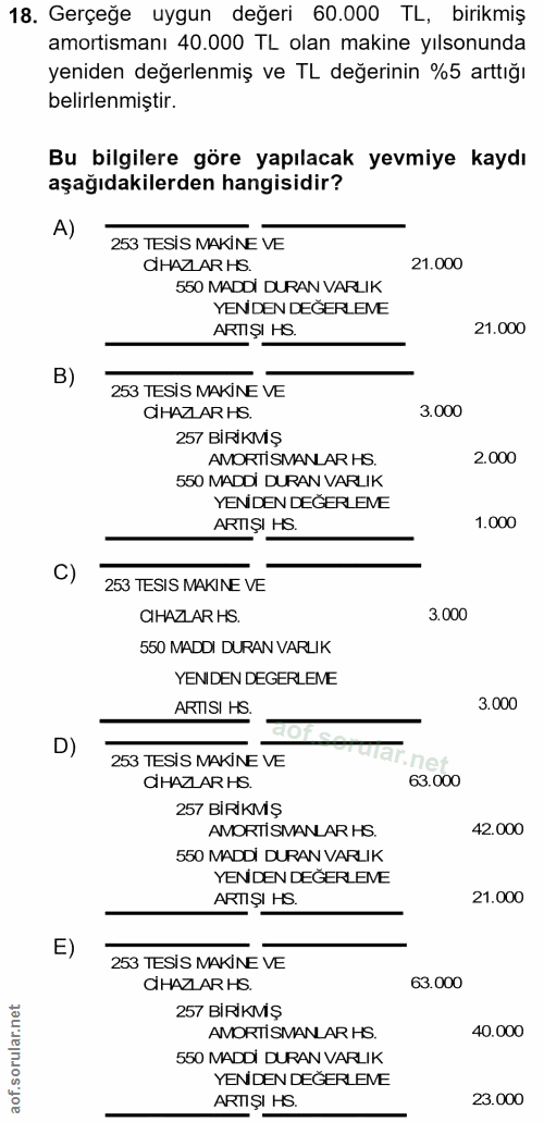18. soru: Gerçeğe uygun değeri 60.000 TL, birikmiş amortismanı 40.000 TL olan makine yılsonunda yeniden değerlenmiş ve TL değer…