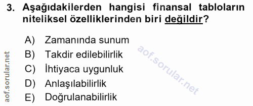 3. soru: Aşağıdakilerden hangisi finansal tabloların niteliksel özelliklerinden biri değildir? A) Zamanında sunum B) Takdir ed…