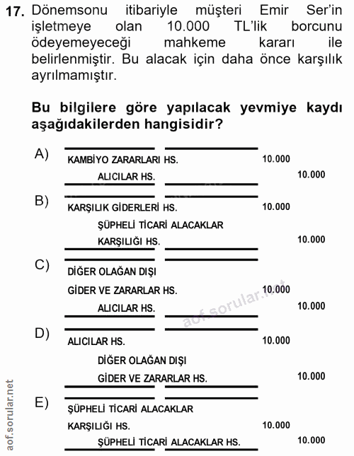 17. soru: Dönemsonu itibariyle müşteri Emir Ser'in işletmeye olan 10.000 TL'lik borcunu ödeyemeyeceği mahkeme kararı ile belirl…