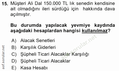 15. soru: Müşteri Ali Dal 150.000 TL lık senedin kendisine ait olmadığını ileri sürdüğü için hakkında dava açılmıştır. Bu durum…