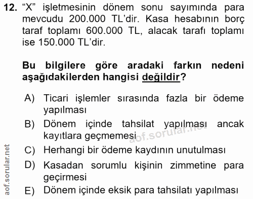 12. soru: "X" işletmesinin dönem sonu sayımında para mevcudu 200.000 TL'dir. Kasa hesabının borç taraf toplamı 600.000 TL, alac…