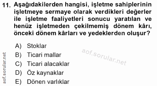 11. soru: Aşağıdakilerden hangisi, işletme sahiplerinin işletmeye sermaye olarak verdikleri değerler ile işletme faaliyetleri s…