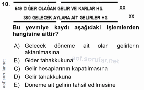 10. soru: 649 DiĞER OLAGAN GELİR VE KARLAR HS. xX 380 GELECEK AYLARA AIT GERLER HS. xx Bu yevmiye kaydı aşağıdaki işlemlerden h…