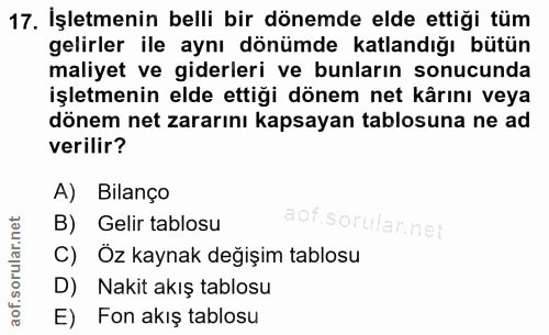 17. soru: İşletmenin belli bir dönemde elde ettiği tüm gelirler ile aynı dönümde katlandığı bütün maliyet ve giderleri ve bunla…