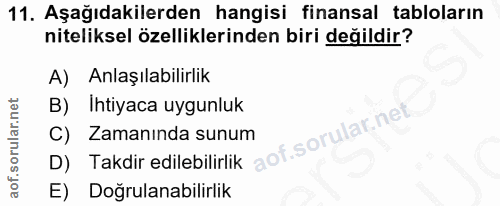 11. soru: Aşağıdakilerden hangisi finansal tabloların niteliksel özelliklerinden biri değildir? A) Anlaşılabilirlik B) Ihtiyaca…
