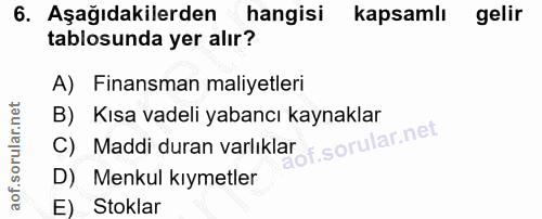 6. soru: Aşağıdakilerden hangisi kapsamlı gelir tablosunda yer alır? A) Finansman maliyetleri B) Kısa vadeli yabancı kaynaklar…