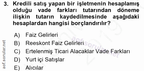 3. soru: Kredili satış yapan bir işletmenin hesaplamış olduğu vade farkları tutarından döneme ilişkin tutarın kaydedilmesinde…