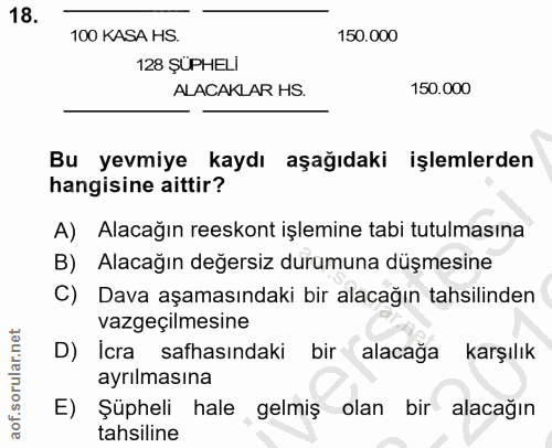 18. soru: 100 KASA HS. 150.000 128 ŞÜPHELİ ALACAKLAR HS. 150.000 Bu yevmiye kaydı aşağıdaki işlemlerden hangisine aittir? A) Al…