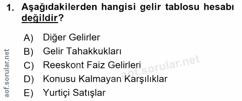 1. soru: Aşağıdakilerden hangisi gelir tablosu hesabı değildir? A) Diğer Gelirler B) Gelir Tahakkukları C) Reeskont Faiz Gelir…