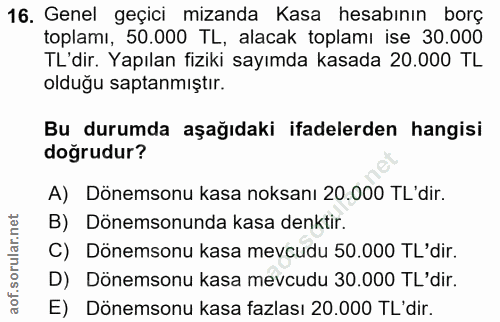 16. soru: Genel geçici mizanda Kasa hesabının borç toplamı, 50.000 TL, alacak toplamı ise 30.000 TL'dir. Yapılan fiziki sayımda…