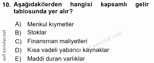 10. soru: Aşağıdakilerden hangisi kapsamlı gelir tablosunda yer alır? A) Menkul kıymetler Stoklar orular.net C) Finansman maliy…