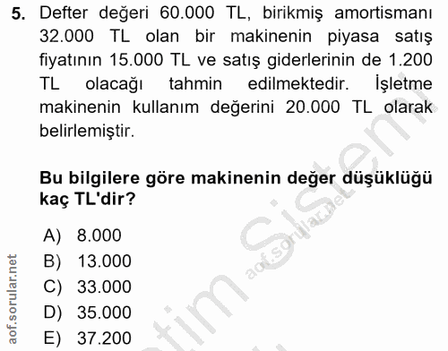 5. soru: Defter değeri 60.000 TL, birikmiş amortismanı 32.000 TL olan bir makinenin piyasa satış fiyatının 15.000 TL ve satış…