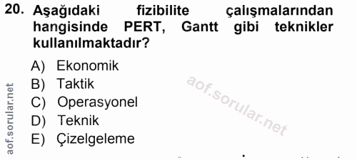 20. soru: Aşağıdaki fizibilite çalışmalarından hangisinde PERT, Gantt gibi teknikler kullanılmaktadır? A) Ekonomik B) Taktik C)…