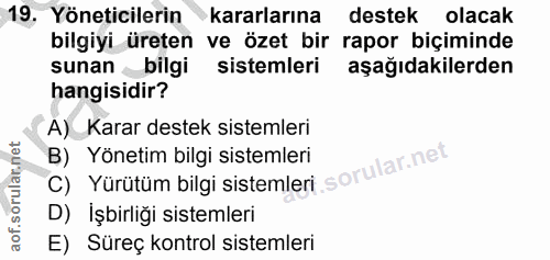19. soru: Yöneticilerin kararlarına destek olacak bilgiyi üreten ve özet bir rapor biçiminde sunan bilgi sistemleri aşağıdakile…