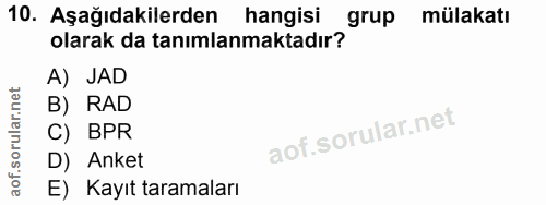 10. soru: Aşağıdakilerden hangisi olarak da tanımlanmaktadırą grup mülakatı A) JAD B) RAD C) BPR D) Anket E) Kayıt taramaları