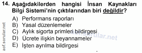 14. soru: Aşağıdakilerden hangisi İnsan Kaynakları Bilgi Sistemi'nin çıktılarından biri değildir? A) Performans raporları B) Ya…