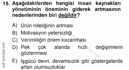 15. soru: Aşağıdakilerden hangisi insan kaynakları yönetiminin öneminin giderek artmasının nedenlerinden biri değildir? A) Ürün…