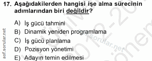 17. soru: Aşağıdakilerden hangisi işe alma sürecinin adımlarından biri değildir? A) Iş gücü tahmini B) Dinamik yeniden programl…