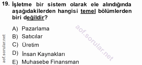19. soru: İşletme bir sistem olarak ele alındığında aşağıdakilerden hangisi temel bölümlerden biri değildir? A) Pazarlama B) Sa…