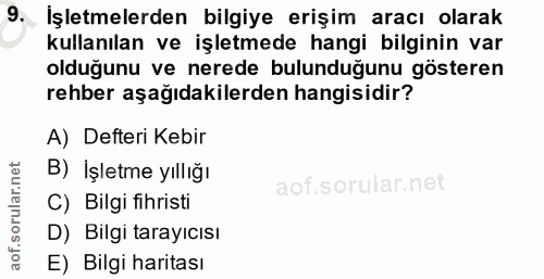9. soru: Işletmelerden bilgiye erişim aracı olarak kullanılan ve işletmede hangi bilginin var olduğunu ve nerede bulunduğunu g…