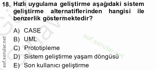 18. soru: Hızlı uygulama geliştirme aşağıdaki sistem geliştirme alternatiflerinden hangisi ile benzerlik göstermektedir? A) CAS…