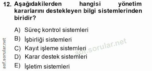 12. soru: Aşağıdakilerden hangisi yönetim kararlarını destekleyen bilgi sistemlerinden biridir? A) Süreç kontrol sistemleri C)…