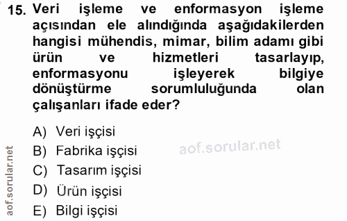 15. soru: Veri işleme ve enformasyon işleme açısından ele alındığında aşağıdakilerden hangisi mühendis, mimar, bilim adamı gibi…