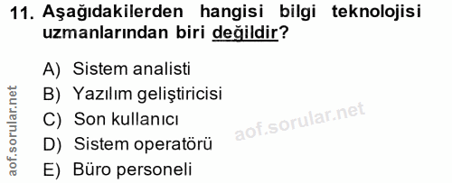 11. soru: Aşağıdakilerden hangisi bilgi teknolojisi uzmanlarından biri değildir? A) Sistem analisti B) Yazılım geliştiricisi C)…