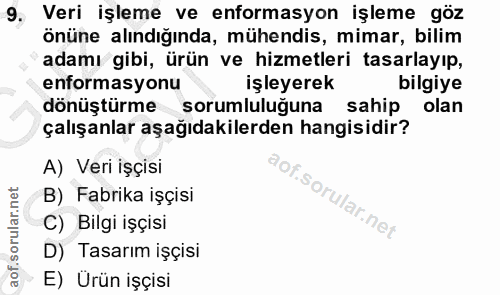 9. soru: Veri işleme ve enformasyon işleme göz önüne alındığında, mühendis, mimar, bilim adamı gibi, ürün ve hizmetleri tasarl…