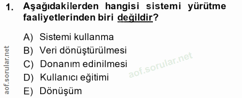 1. soru: Aşağıdakilerden hangisi sistemi yürütme faaliyetlerinden biri değildir? A) Sistemi kullanma B) Veri dönüştürülmesi C)…