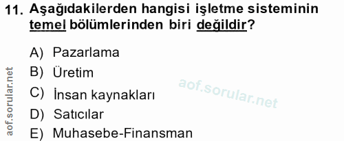 11. soru: Aşağıdakilerden hangisi işletme sisteminin temel bölümlerinden biri değildir? A) Pazarlama B) Üretim C) İnsan kaynakl…