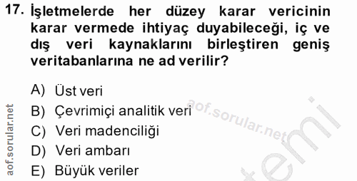17. soru: Işletmelerde her düzey karar vericinin karar vermede ihtiyaç duyabileceği, iç ve dış veri kaynaklarını birleştiren ge…