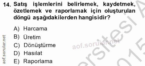 14. soru: Satiş işlemlerini belirlemek, kaydetmek, özetlemek ve raporlamak için oluşturulan döngü aşağıdakilerden hangisidir? A…