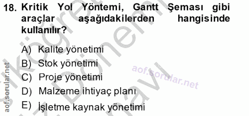 18. soru: Kritik Yol Yöntemi, Gantt Şeması gibi araçlar aşağıdakilerden hangisinde kullanılır? A) Kalite yönetimi B) Stok yönet…
