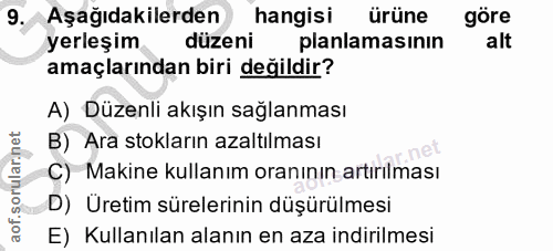 9. soru: Aşağıdakilerden hangisi ürüne göre yerleşim düzeni planlamasinin alt amaçlarından biri değildir? A) Düzenli akışın sa…