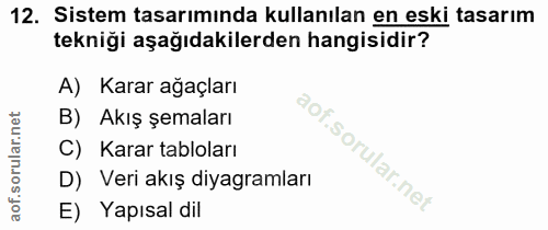 12. soru: Sistem tasarımında kullanılan en eski tasarım tekniği aşağıdakilerden hangisidir? A) Karar ağaçları B) Akış şemaları…